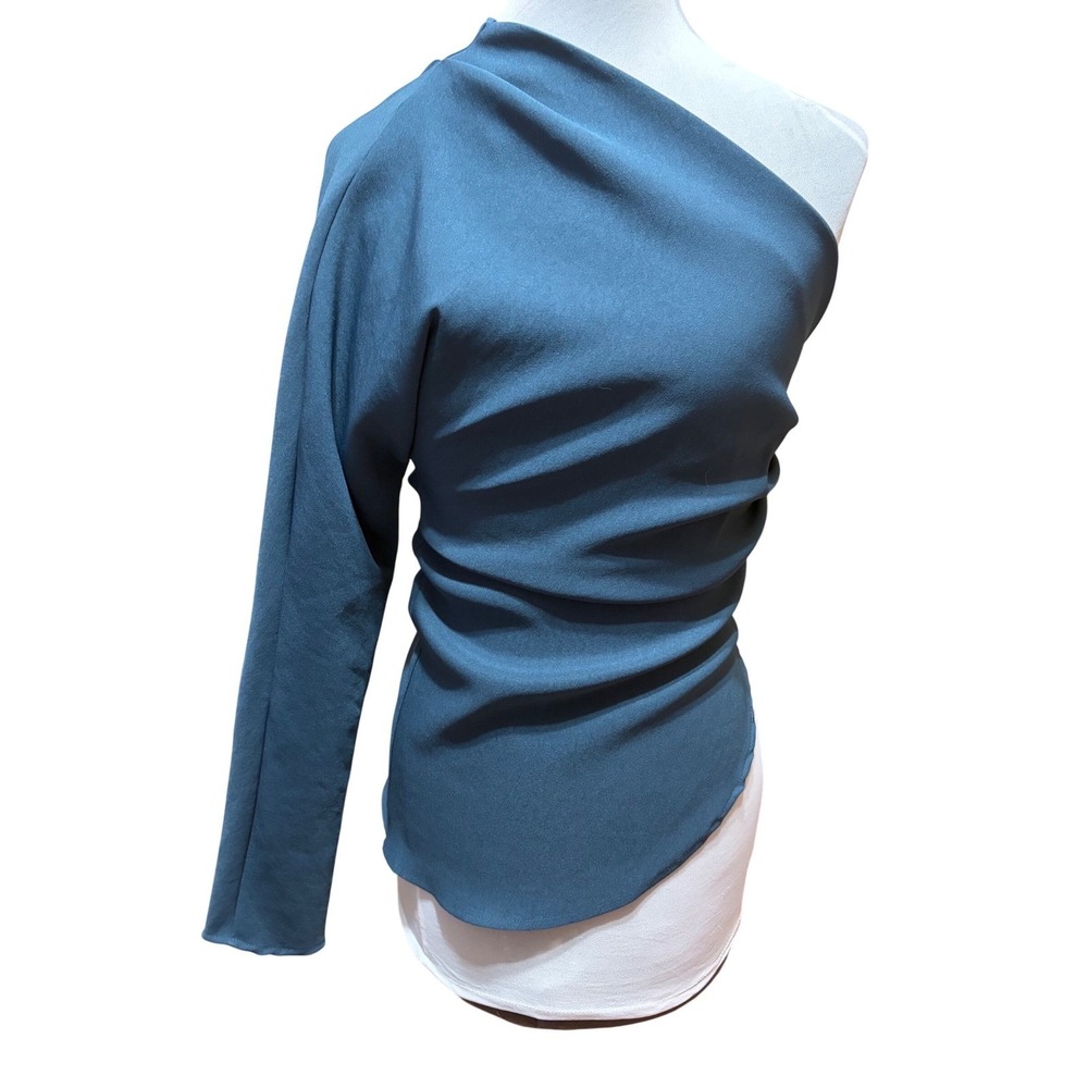 Zara Womens One Shoulder Draped Ruched Top Teal Blue Long Sleeve Size Small